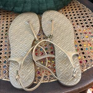 Tory Burch Marion Tan Quilted T-Strap Sandals